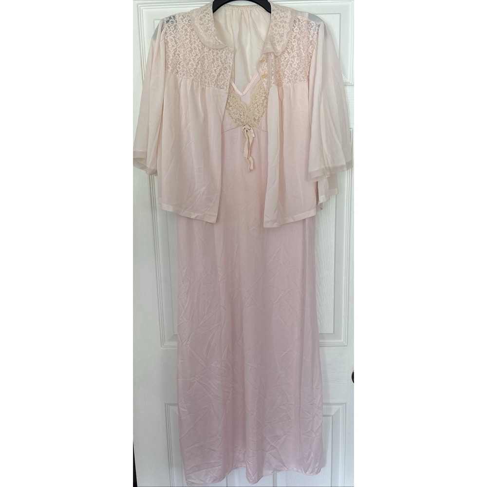 Vtg Seamprufe Pink Nylon Lace Nightgown Jacket Robe Lingerie Slip Dress Maxi 50‎